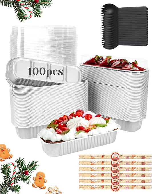 100 Pack Mini Loaf Pans with Lids, Spoons & Stickers – Disposable Aluminum Foil Baking Cake Containers for Oven, Air Fryer & Freezer – Ideal for Cakes, Bread, White Valentines Tins, Sliver
