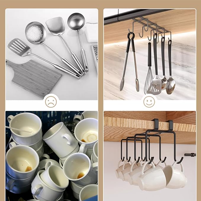 Mug Holder Under Cabinet,2pcs Coffee Mug Organizer for Kitchen,Fit for 0.8 Inch Thickness Shelf or Less,Nail Free Adhesive Coffee Cups Holder Hanger for Cups/Kitchen Utensils/Keys Storage (Black)