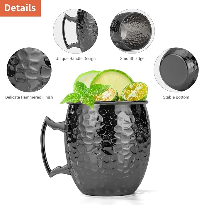 Moscow Mule Mugs, 16 OZ Black Hammered Mule Cup with 304 Stainless Steel Lining and Brass Handle, for Cold Drinks, Beer, Wine, Bars, Parties