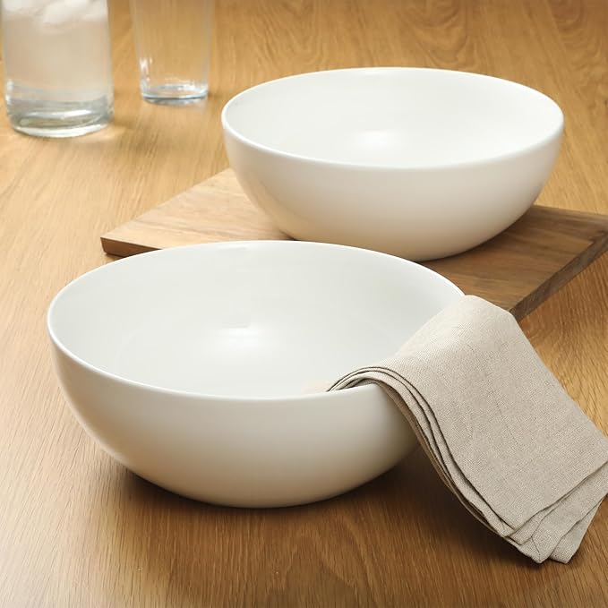 Gibson Home Great Essentials White Serving Bowls 2 Pack 100 OZ 10" Large Deep Ceramic Salad Bowl Set for Kitchen - Porcelain - Dishwasher and Microwave Safe