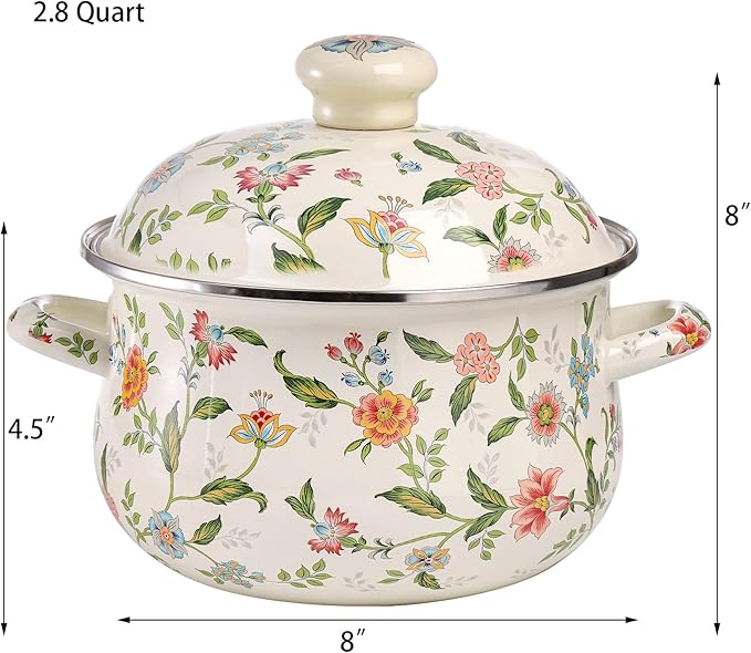 Jucoan 2.8 Quart Vintage Enamel Cooking Pot with Lid, Green Floral Enamelware Simmer Pot Saucepan with Dual Handles for Gas Electric Stovetop, Soup Bowl Gift for Housewarming Wedding Bridal Shower