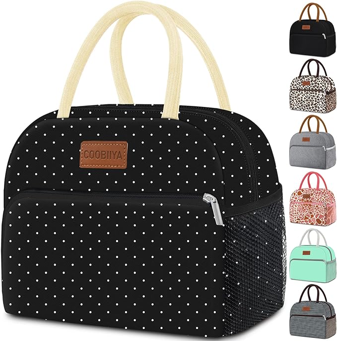 Coobiiya Lunch Bag Women,Lunch Box LunchBag for Women Adult Men, Small Leakproof Cute Lunch Tote Large Capacity Reusable Insulated Cooler Lunch Container for Work/Office/Picnic/Travel-Black Polka Dot