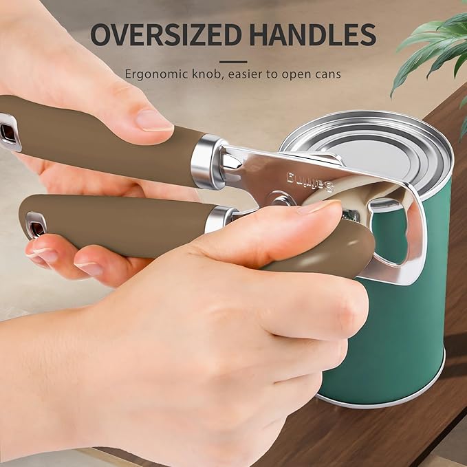 Can Opener Manual, Heavy Duty Stainless Steel Smooth Edge Can Opener With Soft Touch Handle, Oversized Handheld Easy Turn Knob, Multi-Function Bottle Opener, Coffee