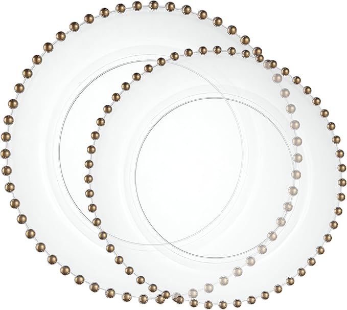 PLASTICPRO 128 Piece Combo Plastic Dinner Plates Disposable Plastic Fancy Heavy Duty Party Dishes 7 inch and 10 inch, Clear and Gold Beaded