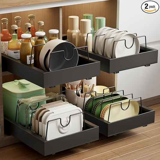 2 Pack Pull Out Cabinet Organizer with 8 Dividers,21.8" Deep Slide Out Drawers for Cabinets Adhesive Pull Out Drawers Heavy Duty Pull Out Shelves for Kitchen, Cupboard, Pantry, Bathroom-Black