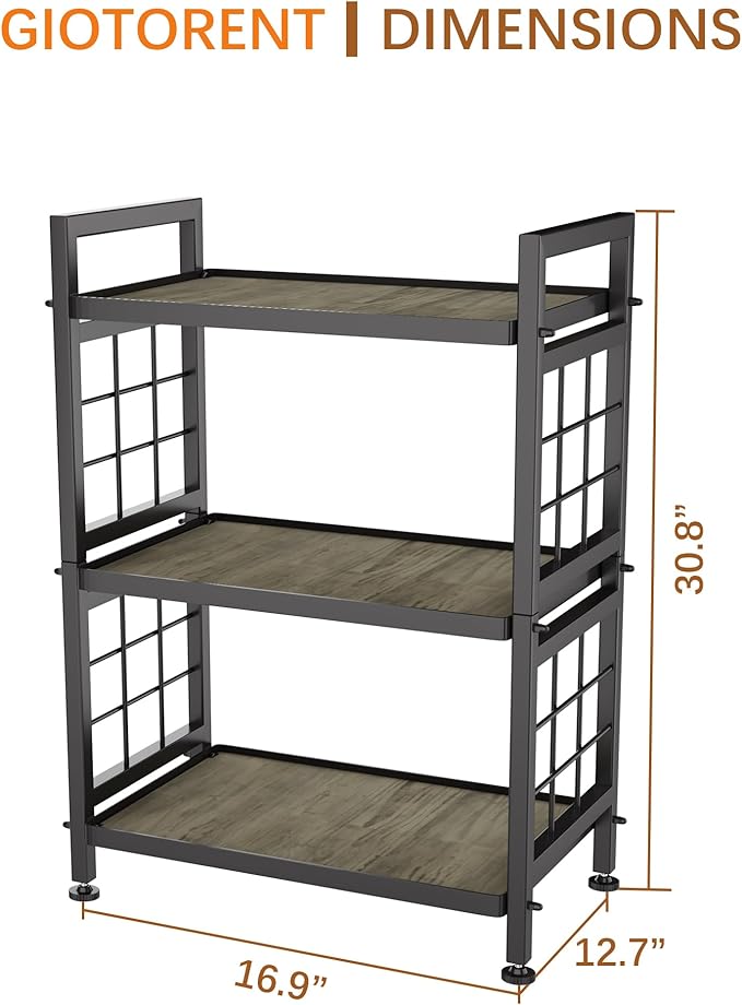 GIOTORENT 3-Tier Pantry Shelves with Wooden Boards, Heavy Duty Storage Shelves & Book Shelf, Adjustable Metal Shelving Unit for Kitchen Bathroom Laundry Organizer, Sturdy Rust-Resistant, Black