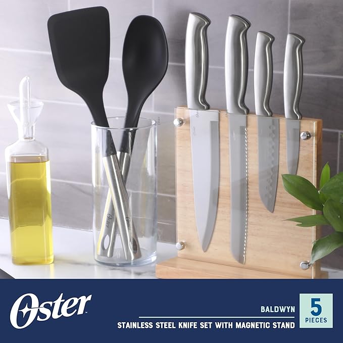 Oster Baldwyn 5-Piece Stainless Steel Knife Block Set with Wood Magnetic Stand – Countertop Display & Knife-Safe Storage
