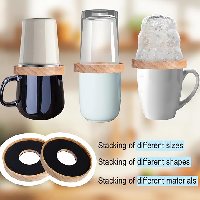 6 Pack Wooden Coffee Mug Stackers, Mug Organizer for Kitchen Cabinet,Equipped with Food Grade Non-Slip Pad,Only for Mugs with a Calibre ≤3.93 inches,Save Cupboard 50% Space