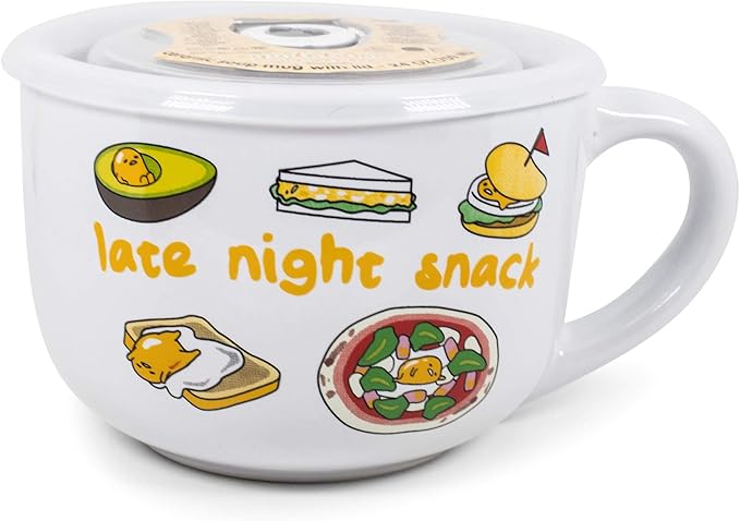 Silver Buffalo Sanrio Gudetama Burp Late Night Snack Lazy Egg Ceramic Soup Mug with Vented Plastic Lid, 24 Ounces