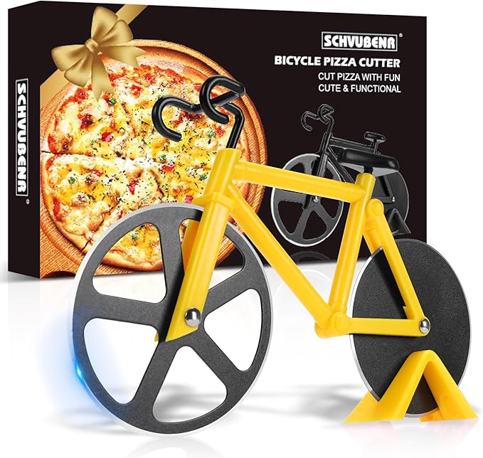 Bicycle Pizza Cutter Wheel - Gifts for Cyclists, Men, Dad, Bike Lovers - Funny Kitchen Gadgets - Cool Father’s Day, Christmas, Birthday, White Elephant Gifts - Stainless Steel Pizza Slicer(Yellow)