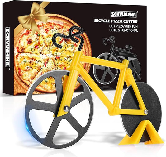 Bicycle Pizza Cutter Wheel - Gifts for Cyclists, Men, Dad, Bike Lovers - Funny Kitchen Gadgets - Cool Father’s Day, Christmas, Birthday, White Elephant Gifts - Stainless Steel Pizza Slicer(Yellow)