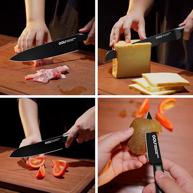 OOU Knife Set with Block and Sharpener, 6 Pcs High Carbon German Steel Kitchen Knife Block Set, Dishwasher Safe Knife Set for Small Kitchen, Space-Saving, Anti-Rust