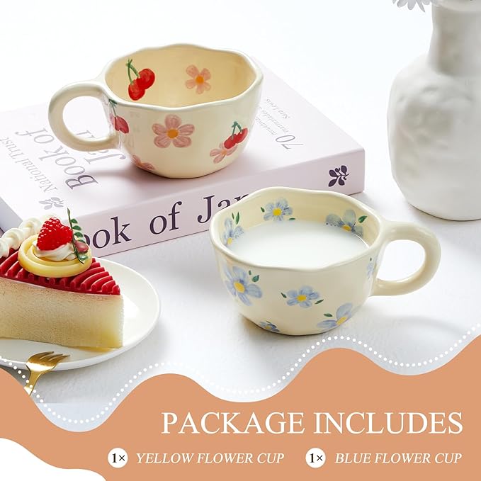 Vesici 2 Pcs Ceramic Coffee Mugs with Spoon, Vintage Floral Spring Mugs with Handle, 8.5 oz Aesthetic Flower Porcelain Tea Cup Set, Dishwasher & Microwave Safe for Home Office Gift(Lovely)