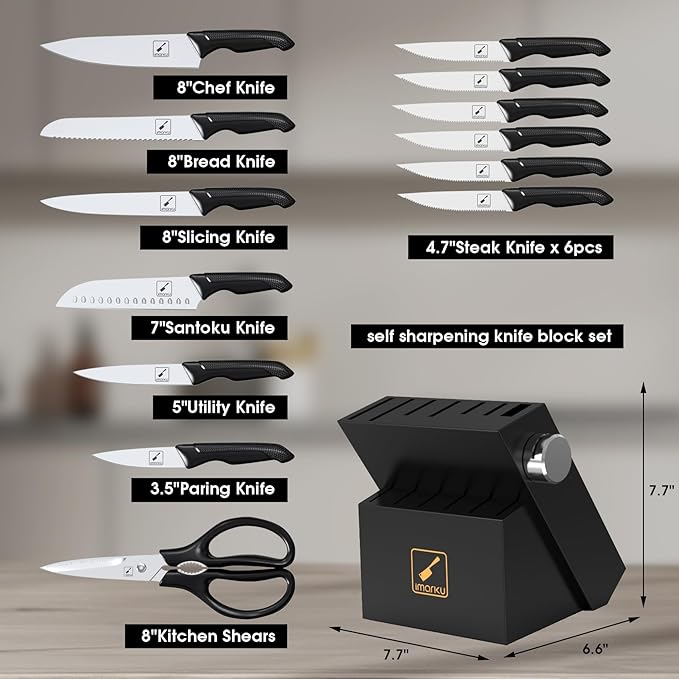 imarku 14-Piece Premium Knife Block Set, Black Kitchen Knife Set with Block and Build-in Sharpener, High-Carbon Stainless Steel Knives for Lasting Sharpness, Dishwasher Safe, Gift for Men