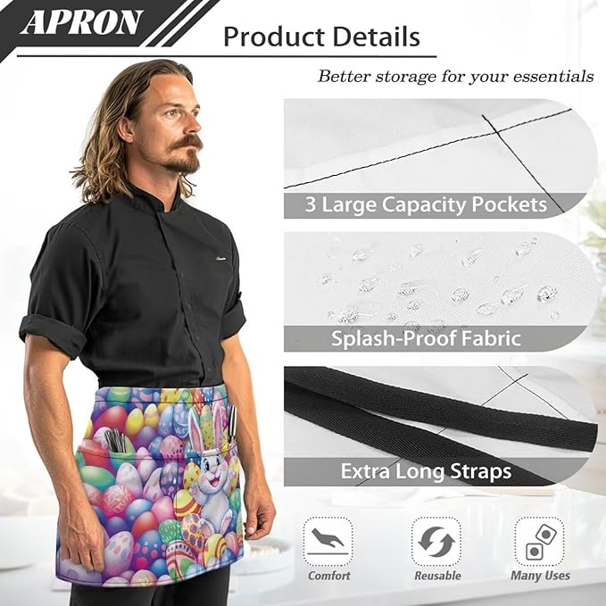Server Waitress Waist Apron with 3 Pockets, Short Aprons for Servers,Waiter Apron For Waiter Accessories