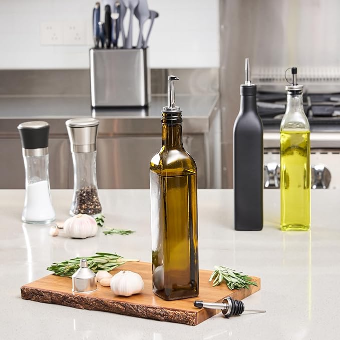 Restaurantware RW Base 16.9 Ounce Olive Oil Dispenser 1 Kitchen Oil Dispenser Bottle - With Stainless Steel Pourer Non-Leaking Amber Glass Olive Oil Pourer For Cooking Or Salad Dressings