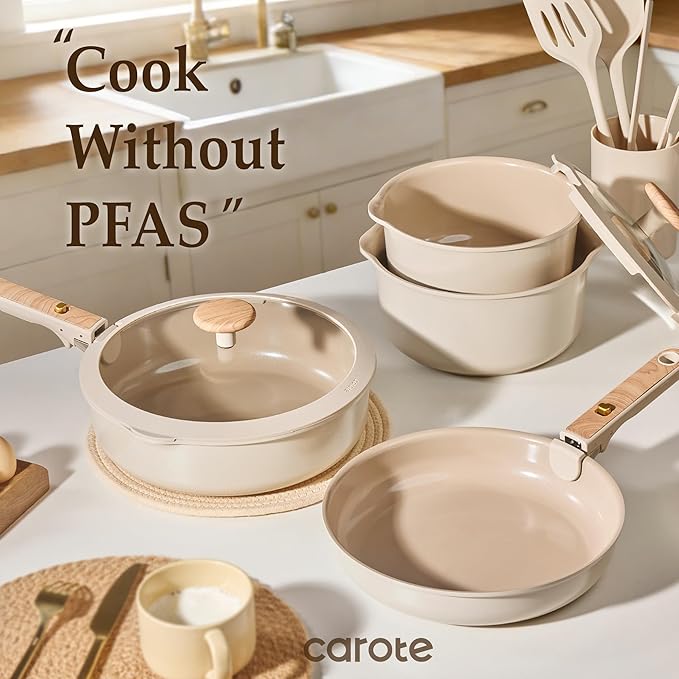 CAROTE 19PCS Ceramic Nonstick Cookware Set, Pots and Pans Set with Detachable Handle, PFAS-Free Non-Toxic, Induction & Oven Safe, Stackable Space-Saving, Taupe