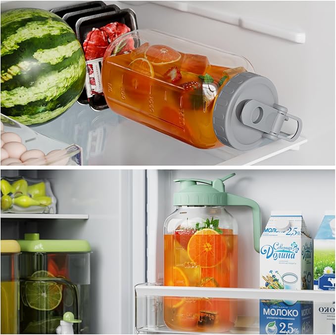 Glass Mason Jar Pitcher, 64 oz Wide Mouth Jug with Pour Spout Handle Lid for Cold Brew Coffee, Ice Beverage, Iced Juice, Lemonade, Sun Tea, Fruit Drinks Container(Green)