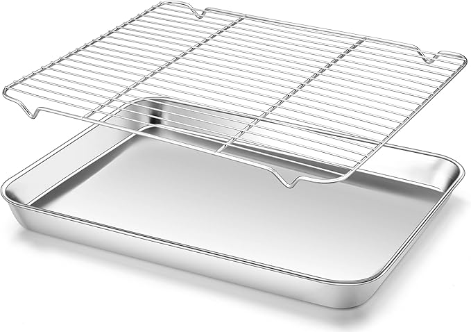 Homikit Baking Sheet with Wire Rack (1 Pan + 1 Rack), 16"x12" Stainless Steel Cookie Sheets for Baking, Metal Baking Tray Jelly Roll Pan with Cooling Rack for Oven Roasting, Nonstick & Dishwasher Safe