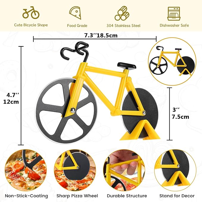 Bicycle Pizza Cutter Wheel - Gifts for Cyclists, Men, Dad, Bike Lovers - Funny Kitchen Gadgets - Cool Father’s Day, Christmas, Birthday, White Elephant Gifts - Stainless Steel Pizza Slicer(Yellow)