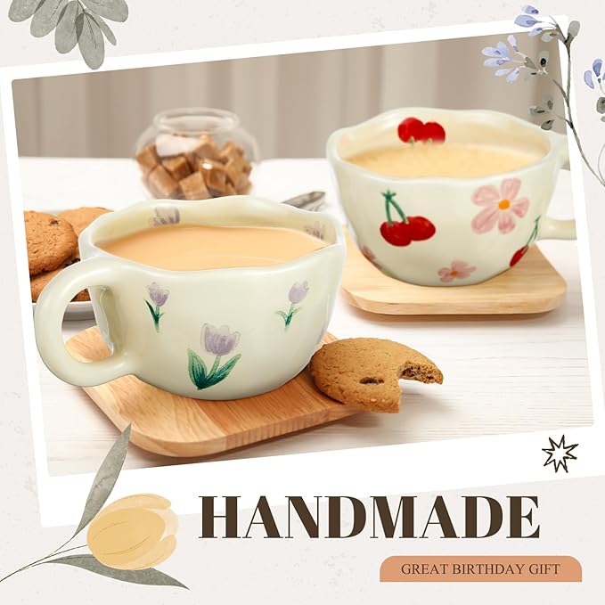 Vesici 2 Pcs Ceramic Coffee Mugs with Spoon, Vintage Floral Spring Mugs with Handle, 8.5 oz Aesthetic Flower Porcelain Tea Cup Set, Dishwasher & Microwave Safe for Home Office Gift(Cute)