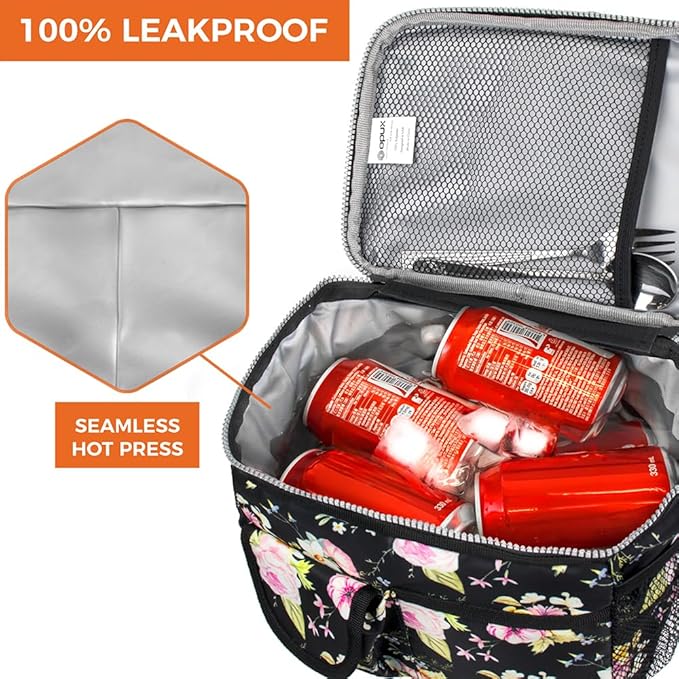 opux Insulated Lunch Bag for Men Women, Leakproof Floral Black Lunch Box for Work, Portable Soft Lunch Cooler Bag with Shoulder Strap, Adult Lunchbox Lunch Pail for Kid Boy Girl School, 14 Can/8L