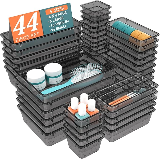 WOWBOX 44 PCS Clear Plastic Drawer Organizer Set, 4 Varied Size storage Bins and Desk Drawer Organizer tool Trays for Makeup, Gadgets, Jewelry and Utensils in Bathroom, Bedroom and Office, Clear Black
