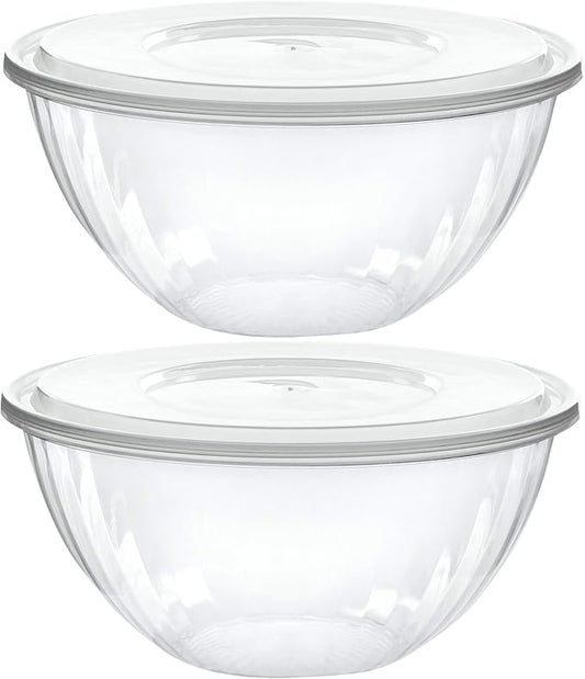 PLASTICPRO Disposable 48 Ounce Round Crystal Clear Plastic Serving Bowl With Lid - Party Snack or Salad Container, Chip and Candy Dish - Pack of 8