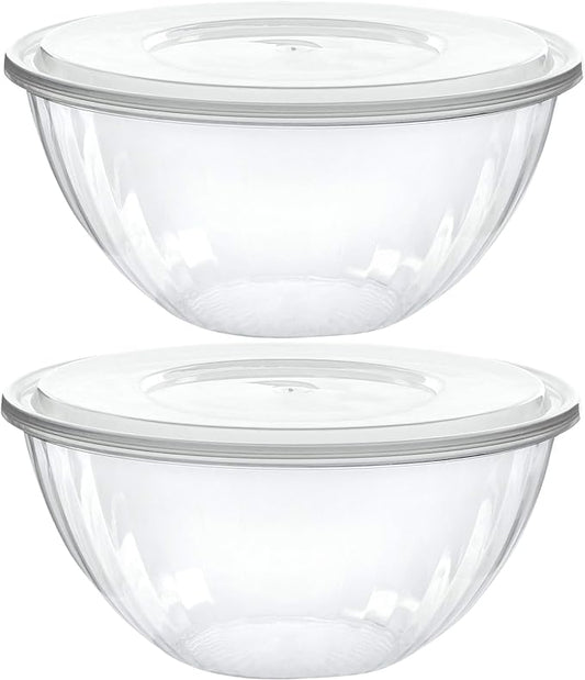 PLASTICPRO Disposable 48 Ounce Round Crystal Clear Plastic Serving Bowls With Lids, Party Snack or Salad Bowl, Chip Bowls, Snack Bowls, Candy Dish, Salad Container Pack of 2