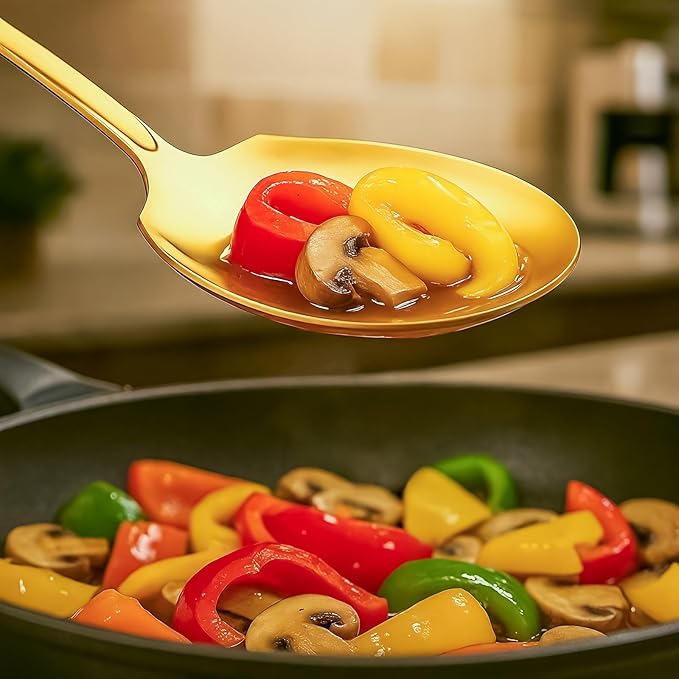 Gold Serving Spoons, Extra Large Serving Spoons Set- 12-Inch Stainless Steel Serving Utensils for Buffet for Buffet, Parties, Catering, Banquet - Dishwasher Safe (2-Pack, Gold)