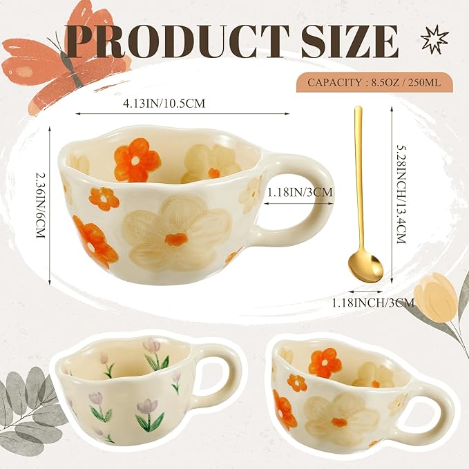 Vesici 2 Pcs Ceramic Coffee Mugs with Spoon, Vintage Floral Spring Mugs with Handle, 8.5 oz Aesthetic Flower Porcelain Tea Cup Set, Dishwasher & Microwave Safe for Home Office Gift(Charming)