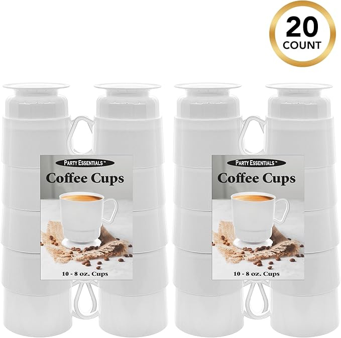 Party Essentials 8-Ounce Hard Plastic Coffee Cup/Tea Mug with Handle, 20-Count, Deluxe White (Pack of 2)