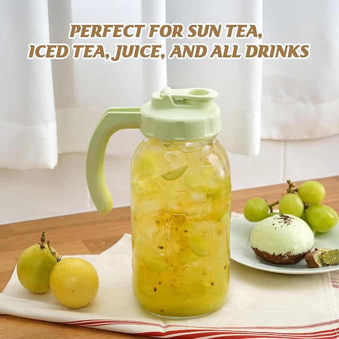 Soligt Glass Mason Jar Pitcher with Lid, Wide Mouth Flip Cap Pour Spout Leak-proof Lid with Handle, 64 oz (2 Quart / 1.9 Liter), for Iced Coffee/Sun Tea Juice/Cold Brew Coffee/Milk (1Pack, Tea Green)