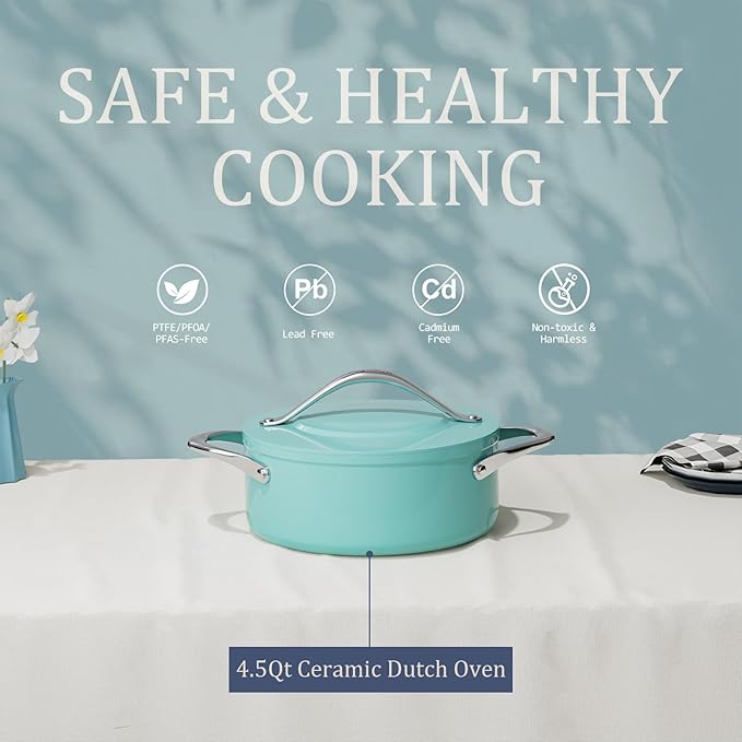 Stock Pot 4.5qt Dutch Oven with Lid (9.5"x 4") Nonstick Ceramic Coated Non-Toxic PFAS-Free Even Heat Distribution for Braising, Baking Bread & Soups, Compatible for All Cooktops(Induction/Gas/Electric) Oven Safe to 500°F (Caribbean Blue)