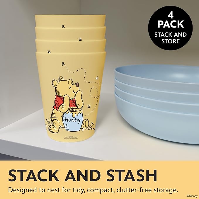 Disney Reusable Plastic Cups – 4 Pack 16 oz Plastic Drinking Glasses with Mickey, Stitch, Pooh, or Disney100 Designs – BPA-Free, Stackable, Top Rack Dishwasher Safe Tumblers for Water, Juice & More