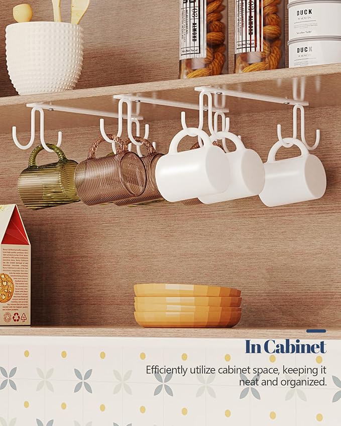 Mug Hooks Under Cabinet 3 Pack, Coffee Cup Hooks for Hanging Under Shelf, Mug Organizer Rack with 12 Hooks for Displaying Mugs, Coffee Cups and Kitchen Utensils, White