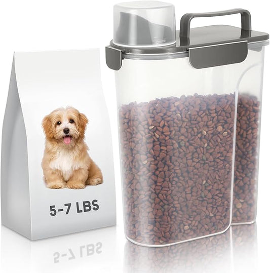 5-7Lbs Cat Dog Pet Food Storage Container with Large Nozzle Design/4 Safety Buckles/Double-Layer Sealing Strips/Handle/Measuring Cup is Easy to Clean and Does -Khaki