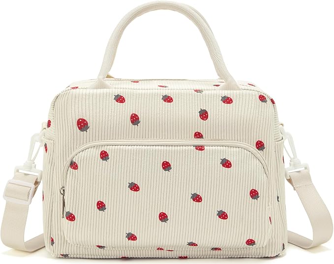 Lunch Box for Women Insulated Lunch Bag Women Adult Cute Lunch Bags Reusable Lunchbox Cooler Tote Bag for Work Picnic (Beige-Strawberry)