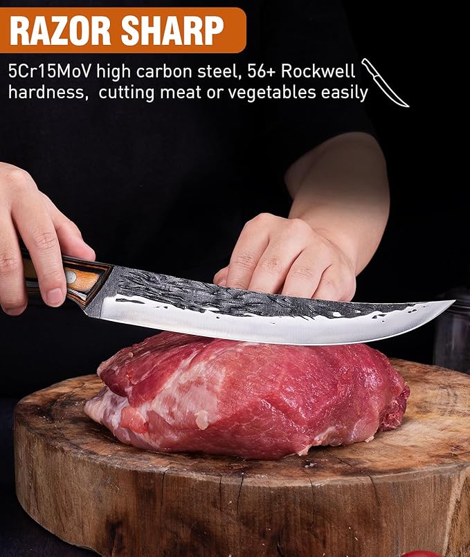 7PCS Hand Forged Butcher Knife and Kitchen Knife 2 in 1 Set with Roll Bag, Heavy Duty Meat Cleaver Serbian Chef Knife Breaking Knife Boning Knife for Meat Cutting BBQ Gifts for Men Women