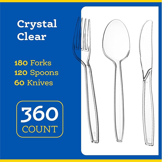 Plasticpro 360 Count Clear Heavyweight Disposable Plastic Silverware - Cutlery 360 Combo Box (including 180 Forks 120 Spoons 60 Knives)