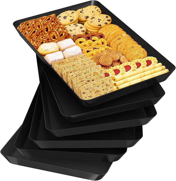 6-Pack Serving Tray Set, Reusable Plastic Serving Platter for Party Supplies, Entertaining, Grilling Accessories, Stackable Kitchen Snack Box Container for Dessert, Fruit, Cookie, (Black)