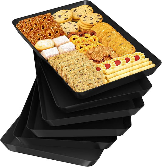 6-Pack Serving Tray Set, Reusable Plastic Serving Platter for Party Supplies, Entertaining, Grilling Accessories, Stackable Kitchen Snack Box Container for Dessert, Fruit, Cookie, (Black)