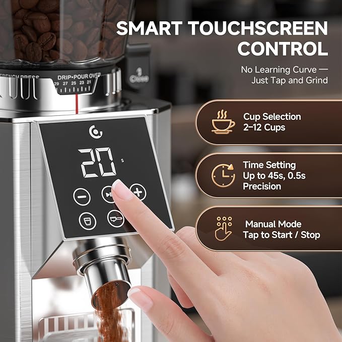 Burr Coffee Grinder with 45 Gind Settings, Anti-Static Conical Burr, Precision Electronic Timer & LED Touchscreen for Espresso/Drip/Cold Brew/French Press, All-Metal Stainless Steel Body, Silver
