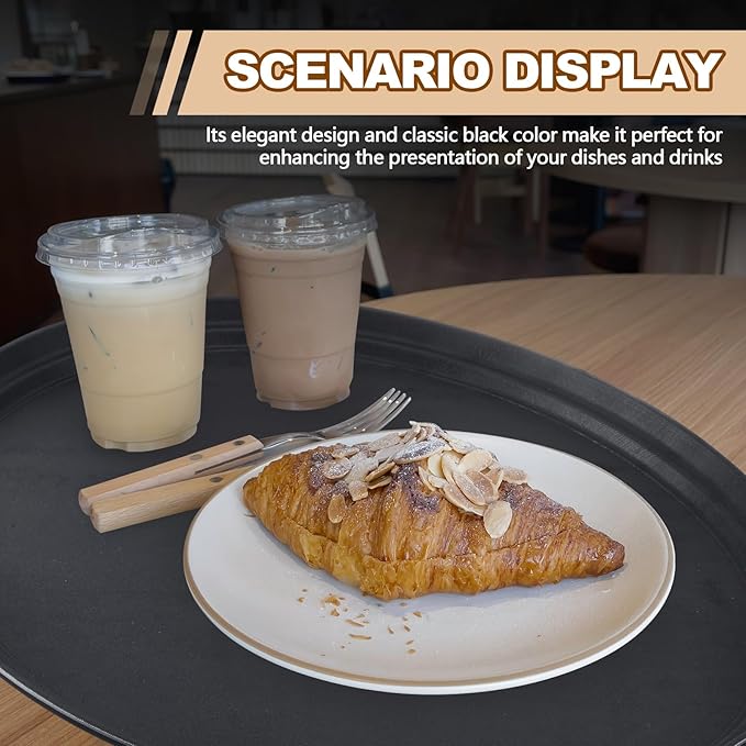 2 Pcs Restaurant Serving Trays PP Plastic Non Slip Rubber Lined Large Oval Tray for Kitchen Dining Room Cafeterias Fast Food Service (27 x 22 Inch,Black)