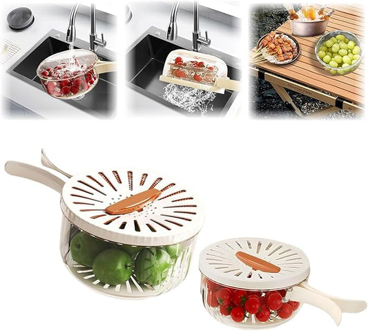2 Pcs Fruit Vegetable Washing Bowl with Strainer,2.85QT+1QT Multipurpose Drain Basket with Lid & Foldable Handle,Fruit Strainer Container for Kitchen,Fridge,Picnics,Apartment
