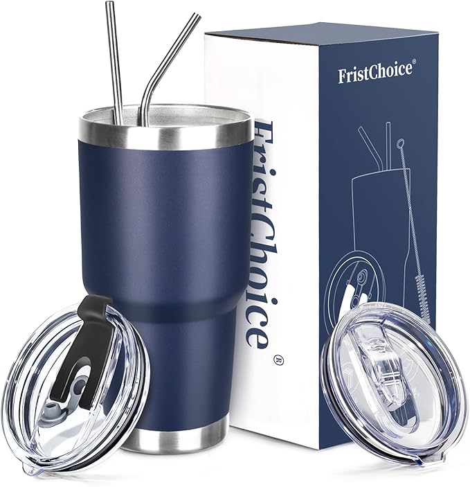 30 oz Tumbler with Lids and Straws Double Wall Vacuum Insulated Tumbler Cup,Stainless Steel Leak-proof Thermal Tumbler Powder Coated Travel Coffee Mug for Cold and Hot Drinks,Navy Blue
