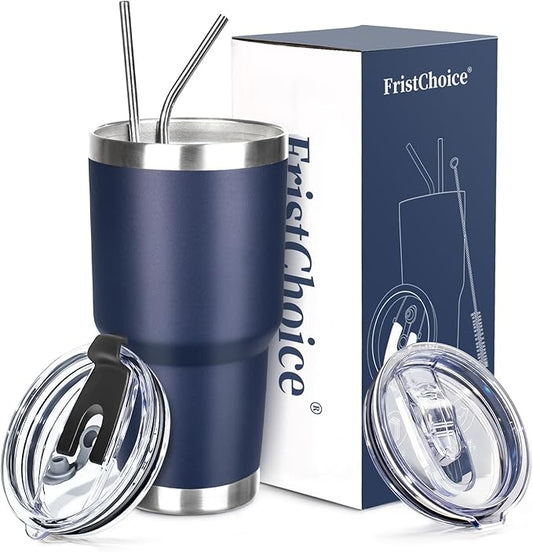 30 oz Tumbler with Lids and Straws Double Wall Vacuum Insulated Tumbler Cup,Stainless Steel Leak-proof Thermal Tumbler Powder Coated Travel Coffee Mug for Cold and Hot Drinks,Navy Blue