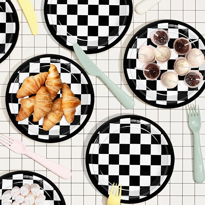 48 Pcs 7" Black Checkered Paper Plates Light Black & White Gingham Flag Party Plates, Plaid Dessert Table Supplies for Race Car BBQ Gathering Picnic Baby Shower Birthday Dinner Party Decorations