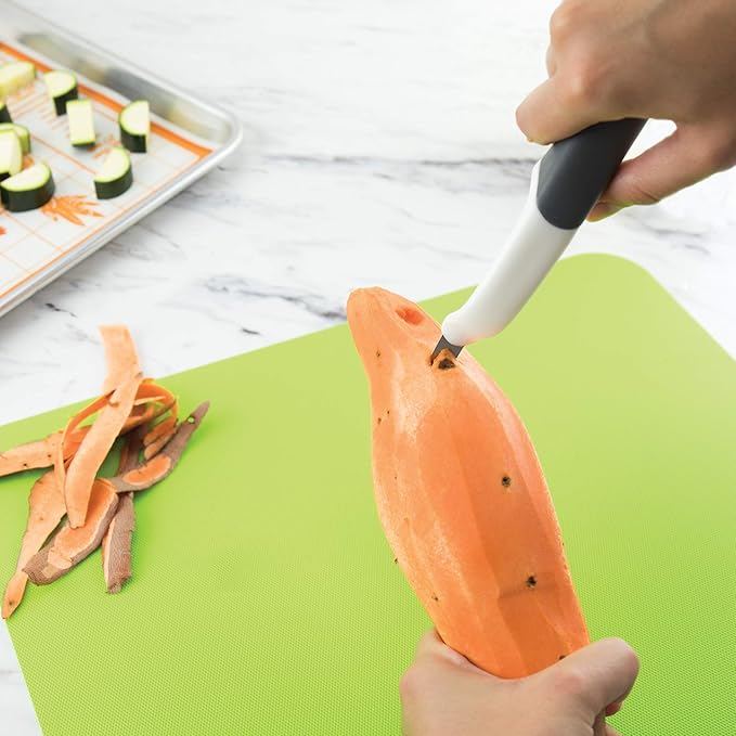 Tovolo Potato Peeler for Kitchen Food Prep Wide Swivel Ribbon Vegetable Peeler Extra Sharp Stainless Steel Swivel Blade Non Slip Handle, Dishwasher Safe Peeler with Potato Eye Remover, Charcoal Gray