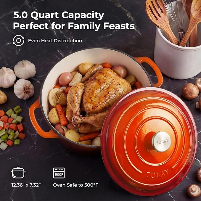 Zulay Kitchen 5 Quart Enameled Cast Iron Dutch Oven Pot with Lid – Premium Durability & Oven Safe up to 500°F – Heavy Duty Cookware Perfect for Bread Baking, Stews, Braising & Roasting – Orange